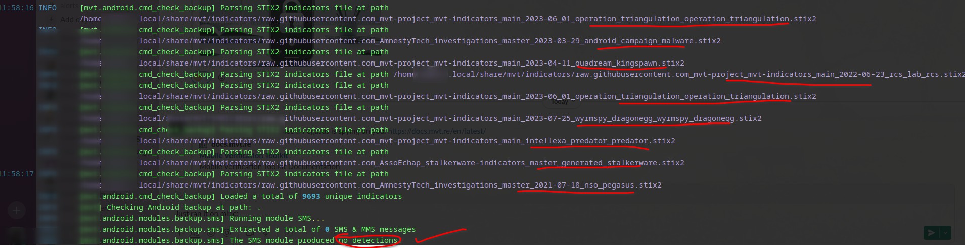 Console output of running Amnesty International's MVT. The module detected no malicious software.