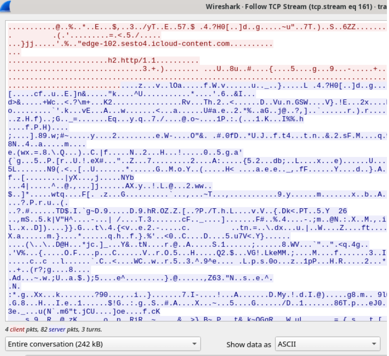 Wireshark was used to sniff TCP communication from edge-102.sesto4.icloud-content.com. Only the size of the payload is decypherable.